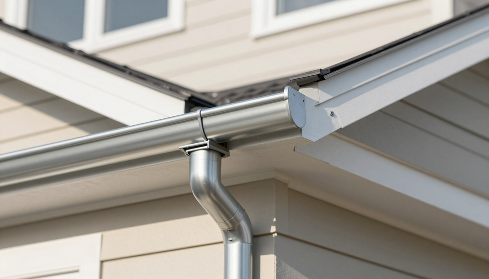 Metal gutter and downspout on a beige house roof corner