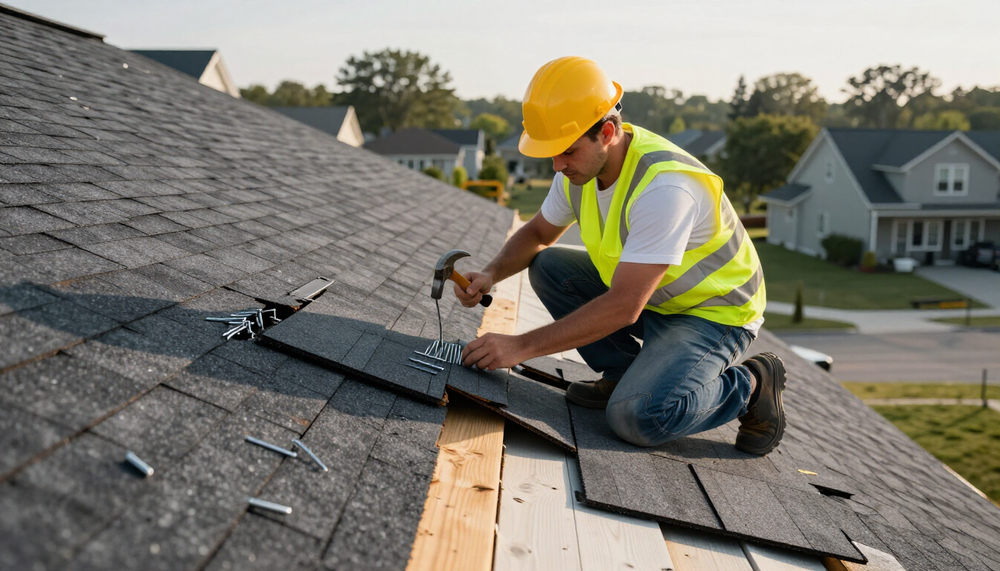 Roofing worker in yellow hard hat installing shingles on a house roof