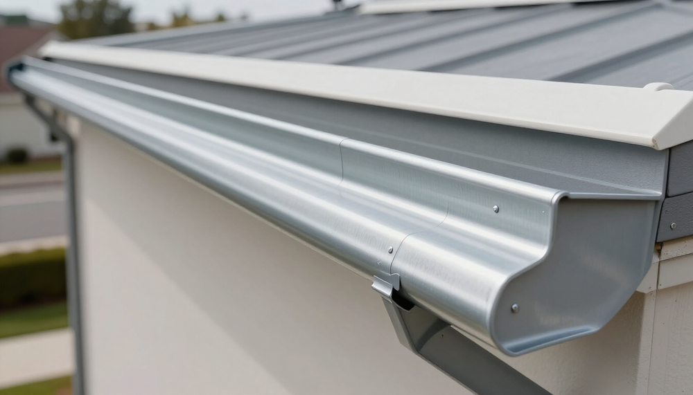 Silver metal roof gutter mounted along a building eave, viewed close-up from the side.