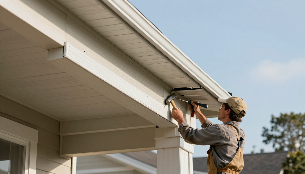Worker installing a gutter on a house roofline with a power tool