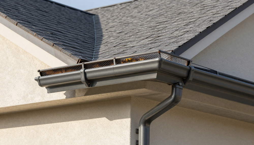 Roof gutter corner with silver downspout on a beige house exterior