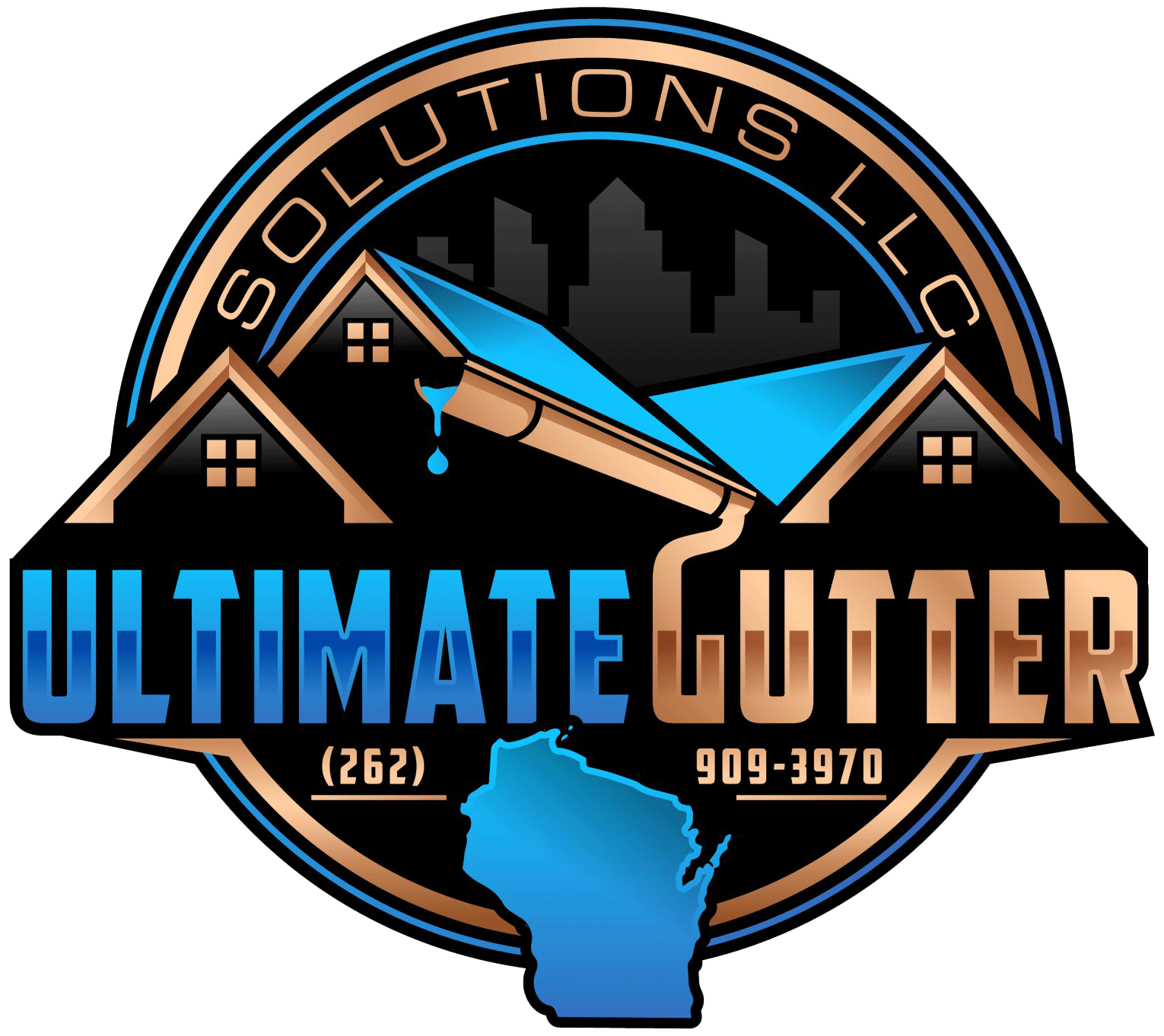 Ultimate Cutter Solutions LLC logo with rooflines, blue/orange accents, city skyline, and Wisconsin outline