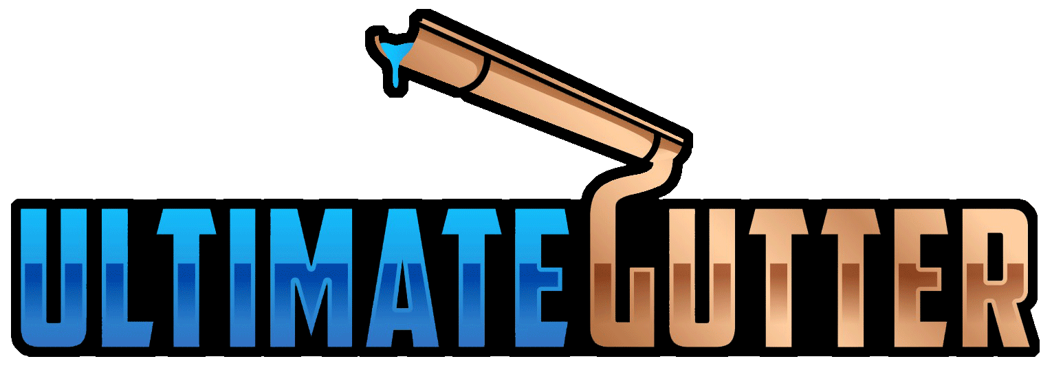 Ultimate Gutter logo with blue and orange text and a stylized gutter graphic above it