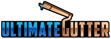 Ultimate Gutter logo with blue and orange text and a stylized gutter graphic above it