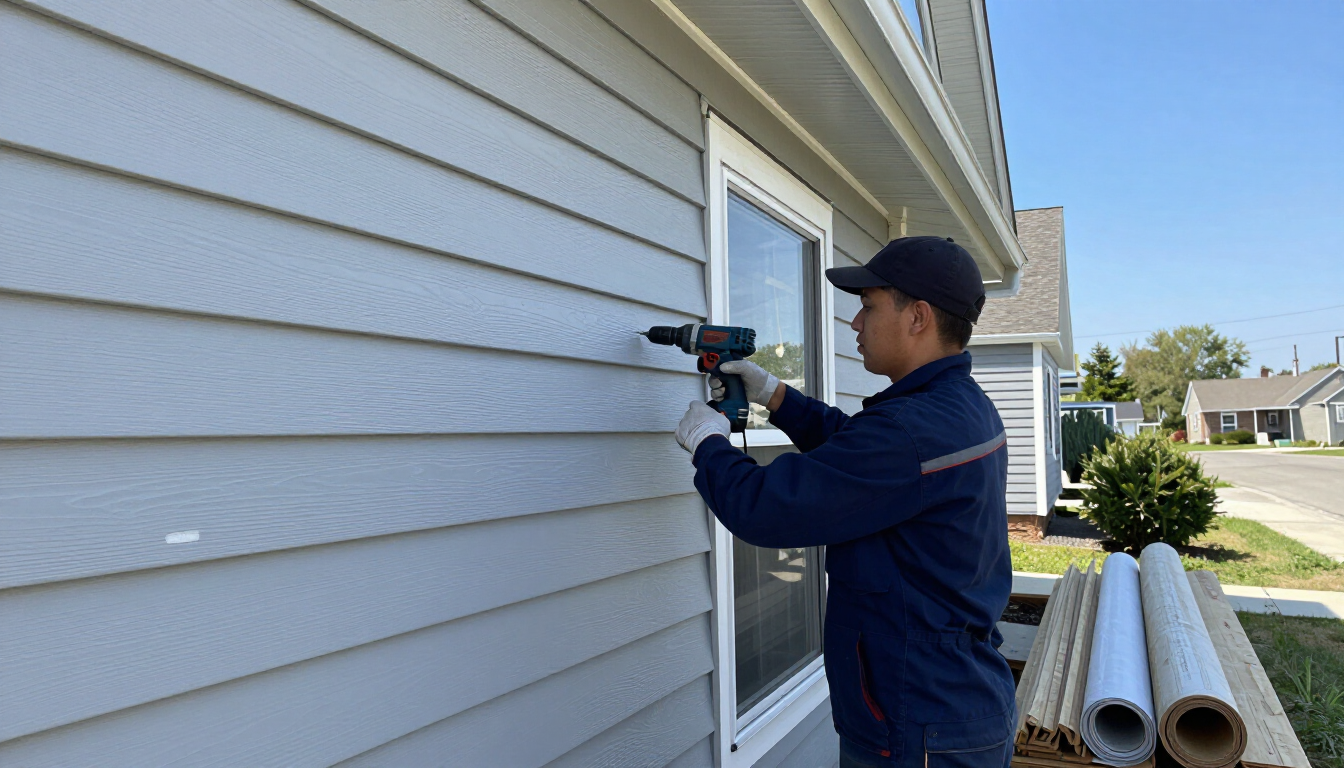 Worker drilling into gray house siding beside a window, with stacked pipes nearby.