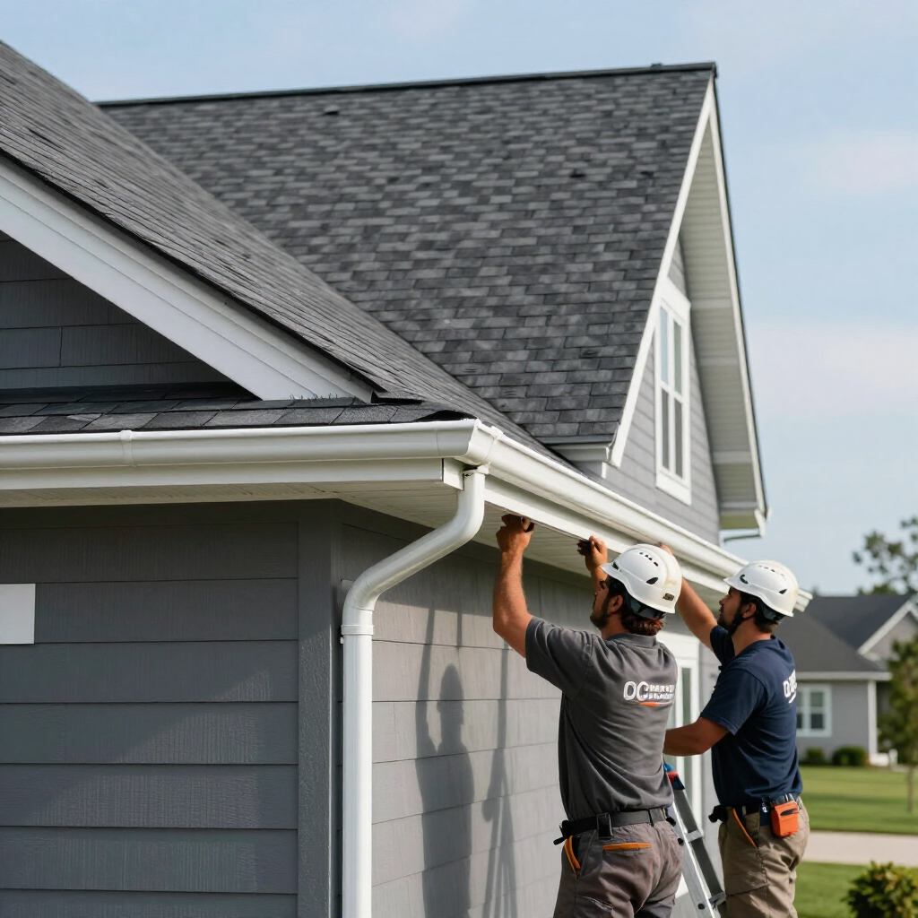 Two roofers installing white gutters on a gray house under a shingled roof