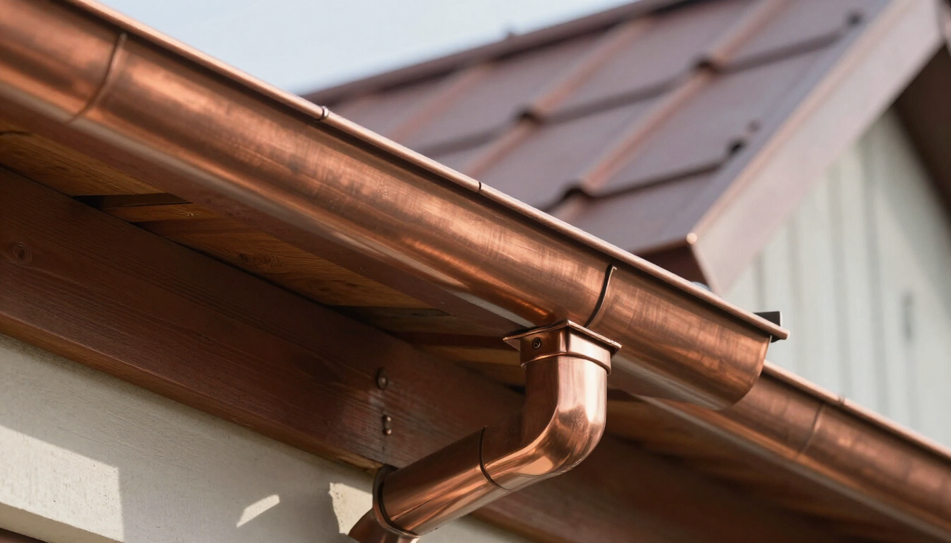 Copper rain gutter and downspout on a house roof edge