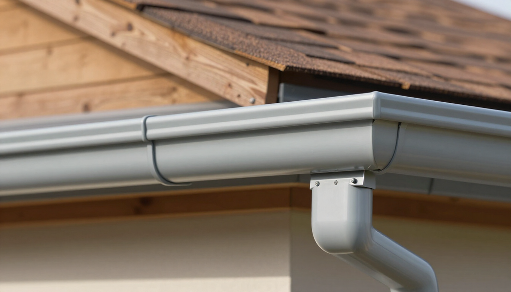 Gray metal gutter and downspout on a house roof with wooden siding