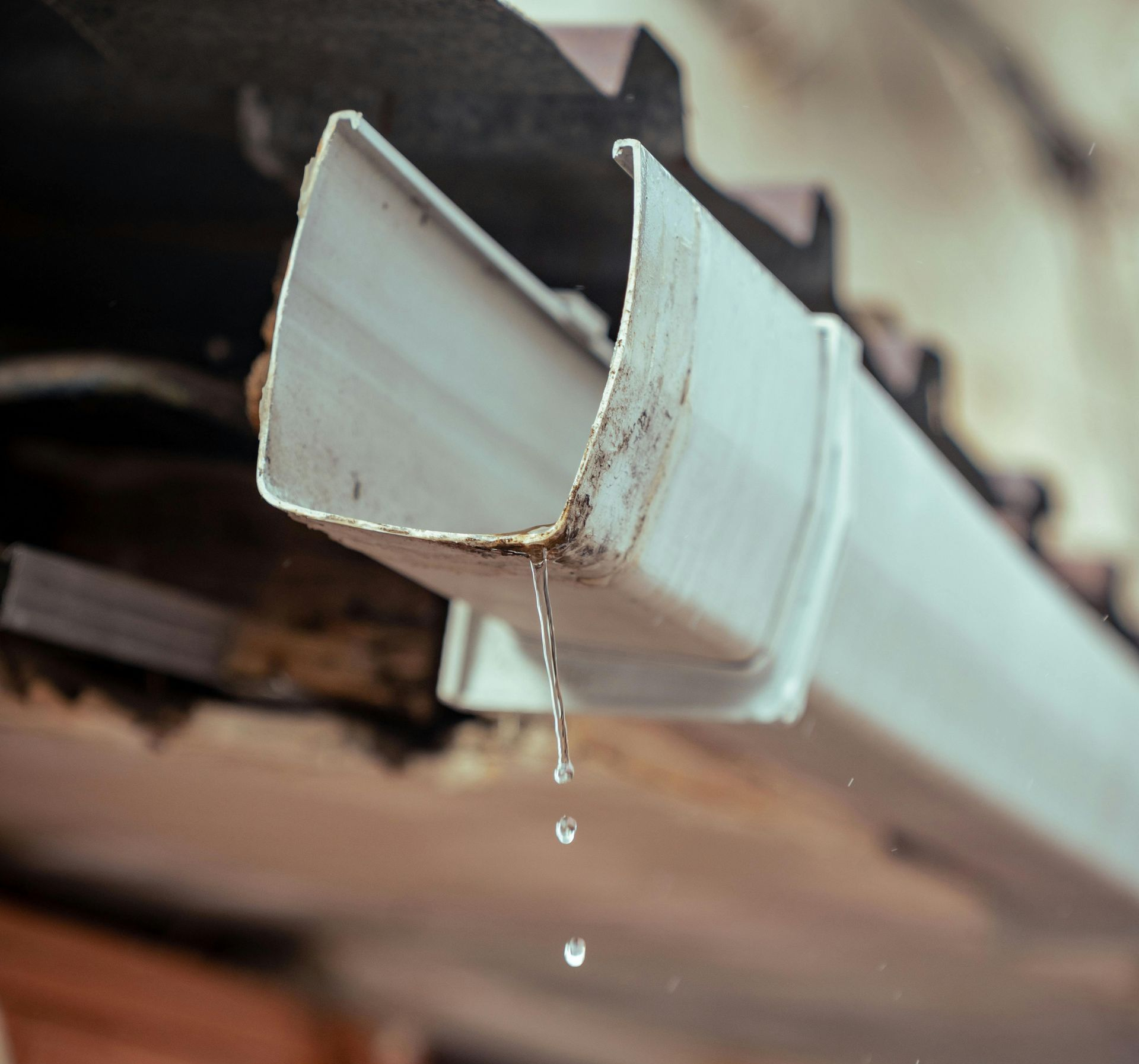 Close-up of a white gutter corner dripping rainwater from a roof eave