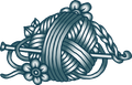 A ball of yarn with knitting needles and flowers on it