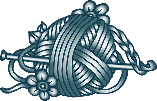 A ball of yarn with knitting needles and flowers on it