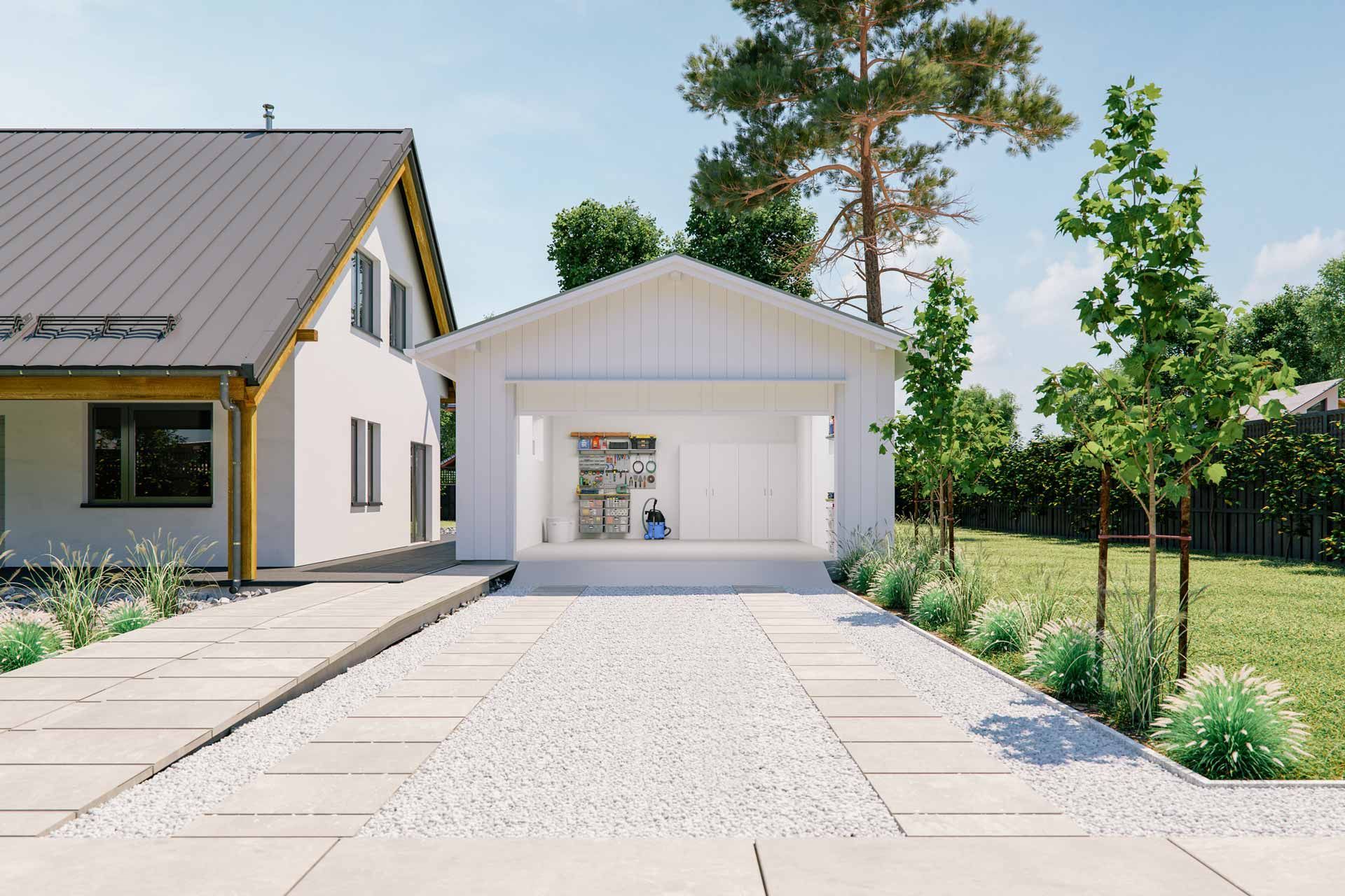 A white house with a garage in front of it
