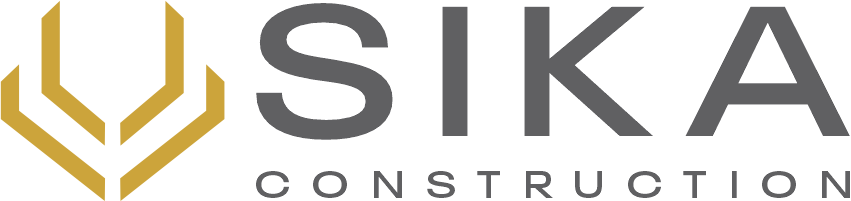 SIKA Construction logo with gold abstract icon and gray text on white background