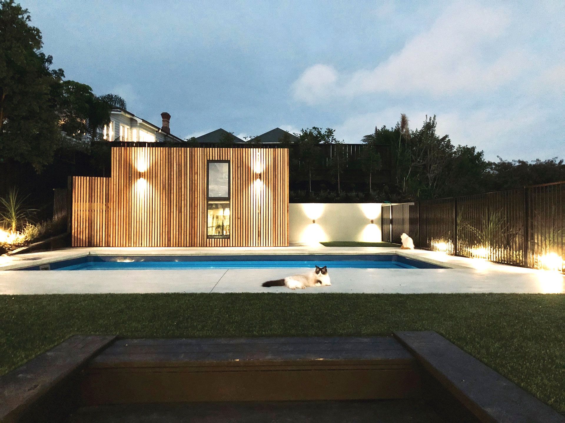 Modern house with lit wooden facade and illuminated pool at dusk, with a person swimming in the foreground