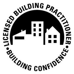 Circular logo reading “Licensed Building Practitioner” and “Building Confidence” around house icons.