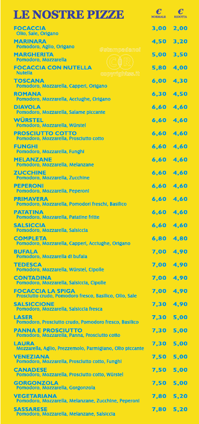 menù del risorante