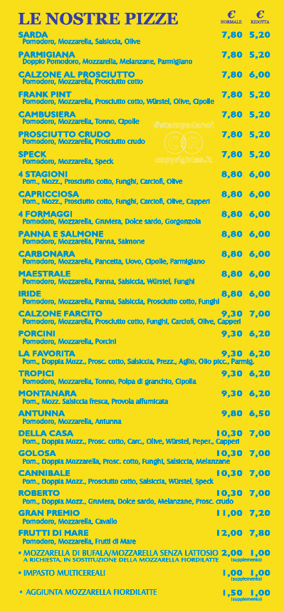menù del risorante