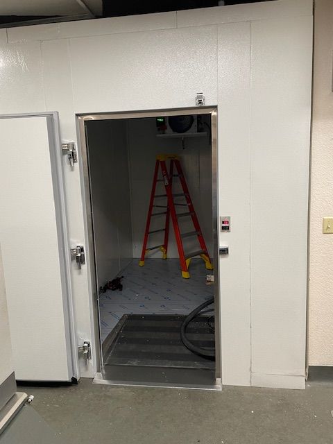 Open walk-in freezer with a red ladder inside and heavy black hose on the floor.