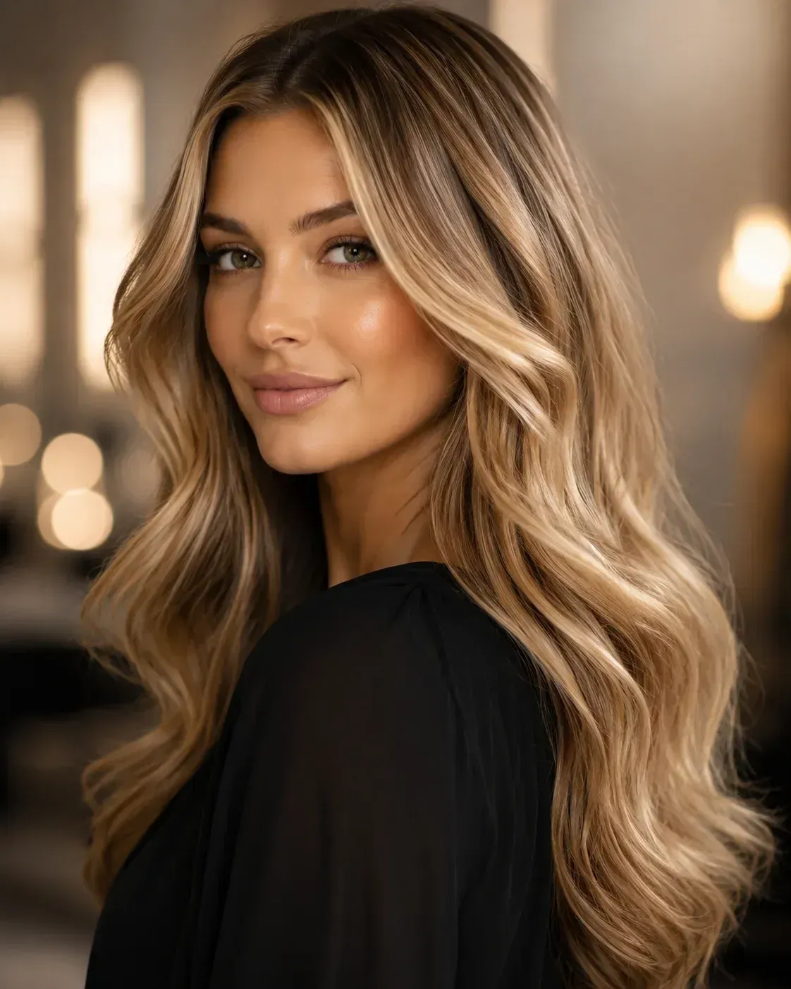 Portrait of a woman with long wavy blonde hair in a black top, softly lit against a blurred background