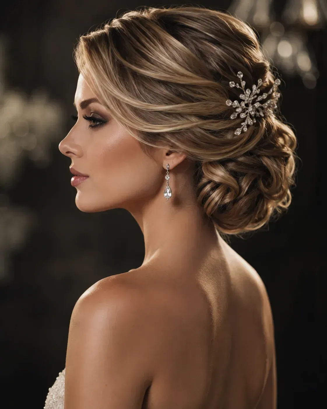 Elegant blonde woman in profile with jeweled updo, pearl earrings, and bare shoulders against a dark background