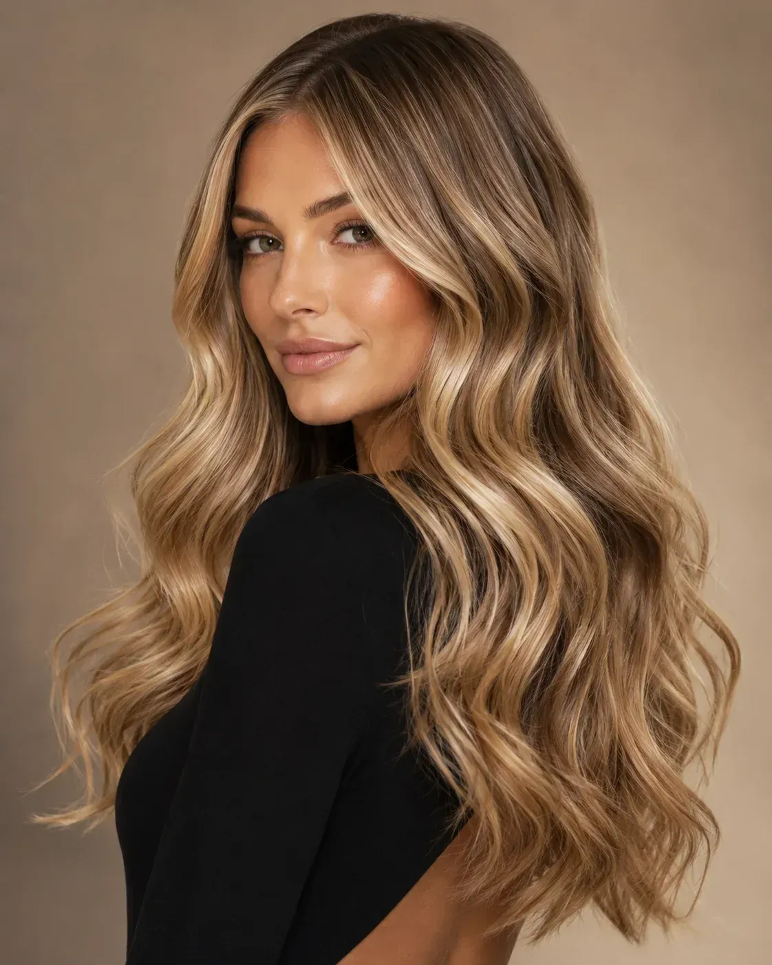 Woman with long wavy blonde hair in a black top, posed against a neutral studio background