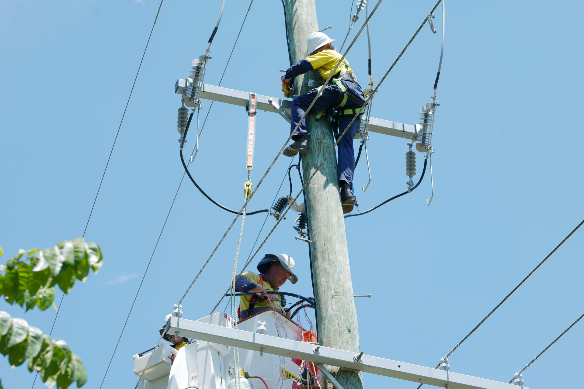 Two Utility Workers Repair Power Lines Atop a Wooden Pole — Rob Ward Electrical Services in Kingscliff, NSW