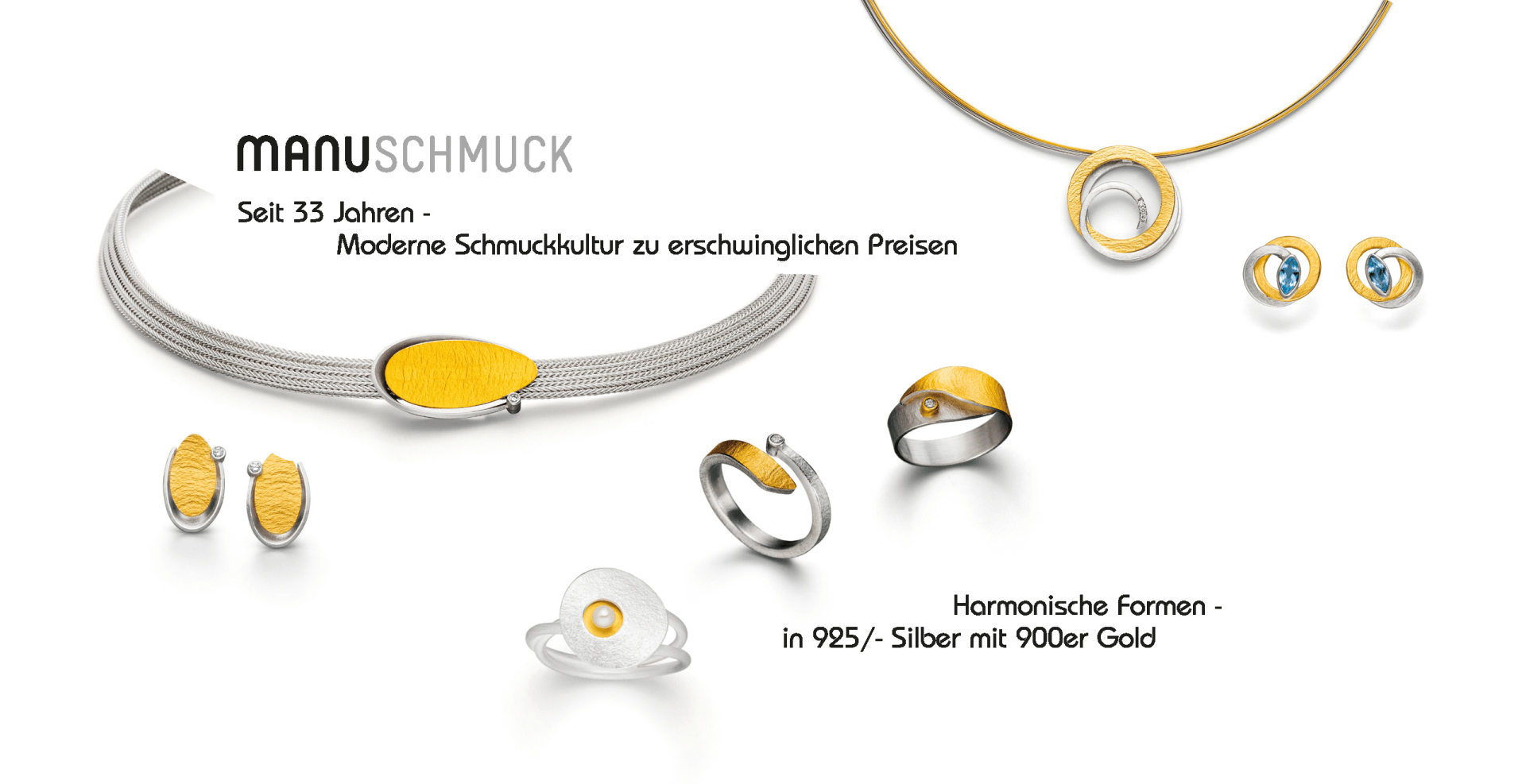Auf weißem Hintergrund sind eine Halskette, Ohrringe, ein Ring und ein Armband abgebildet.