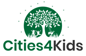 A green logo for cities4kids with a tree and swings