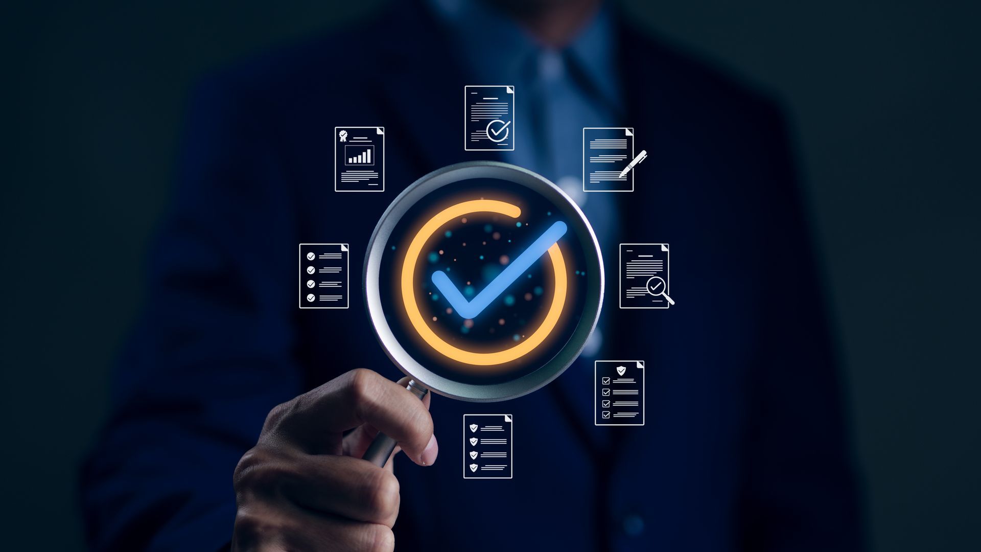 A person in a suit holds a magnifying glass over a glowing checkmark icon surrounded by floating document symbols