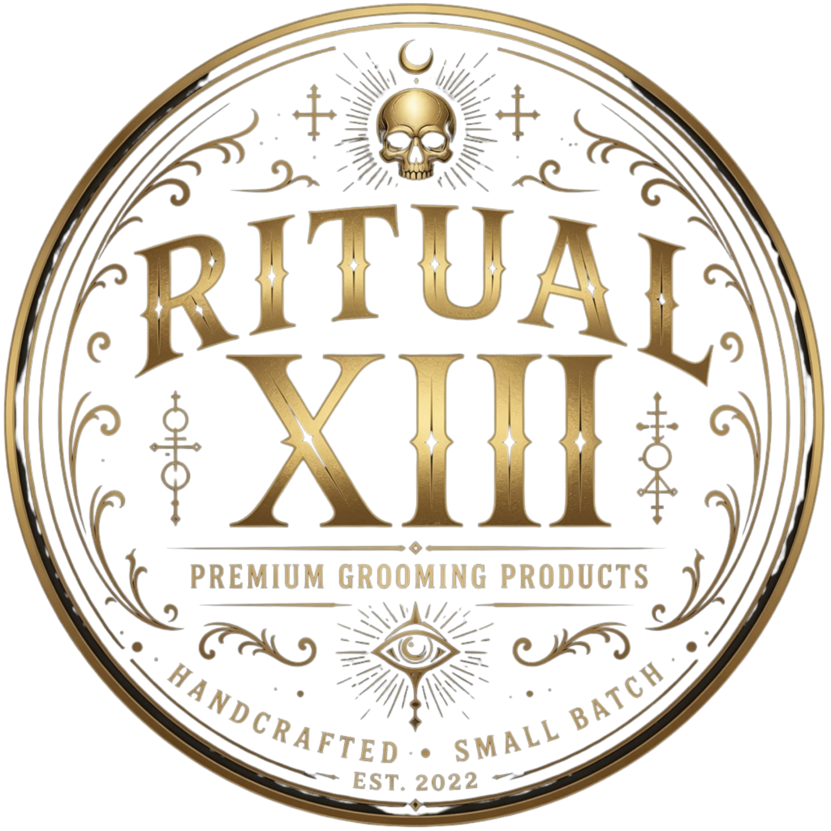 Circular gold-and-white Ritual XIII premium grooming products logo with ornate decorative border