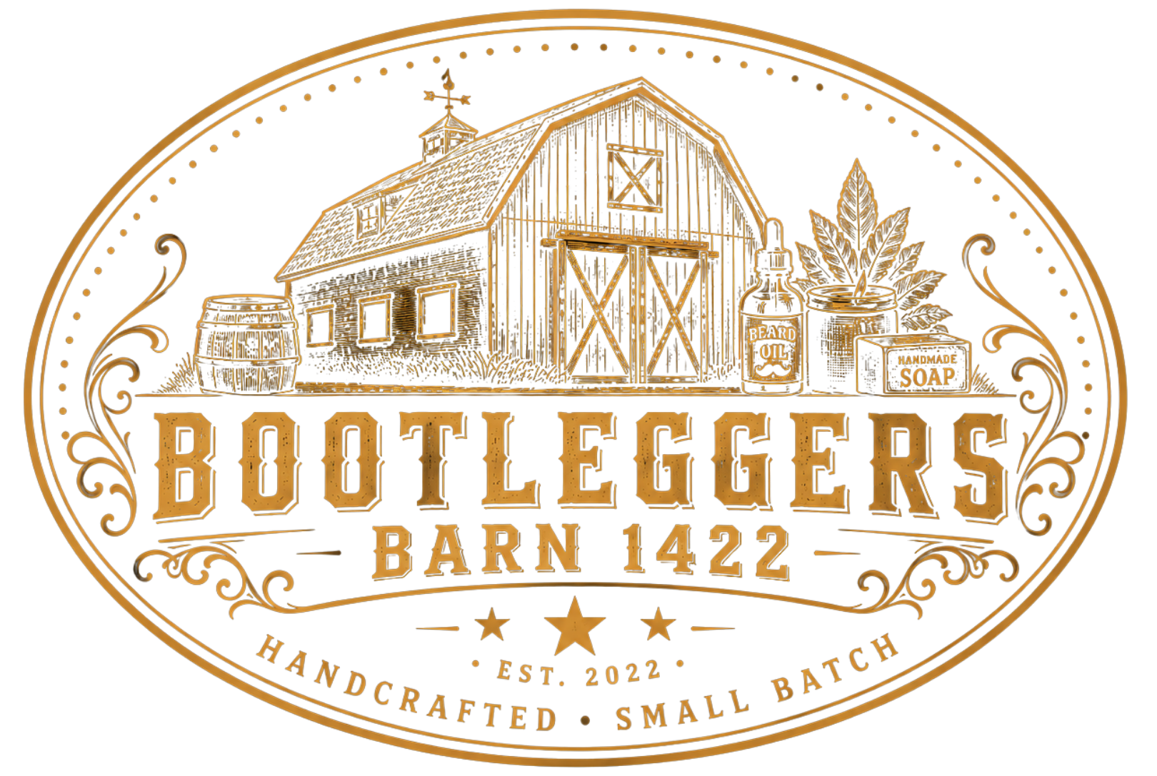 Bootleggers Barn 422 logo in gold with a barn, whiskey barrels, wheat, and “Handcrafted Small Batch” text