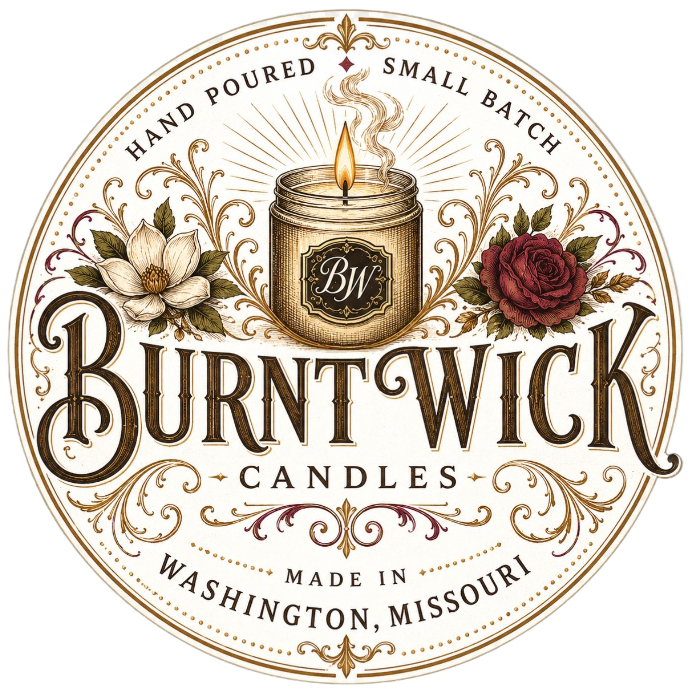 Burntwick Candles logo with a lit jar candle, floral accents, and “Hand Poured Small Batch” text.