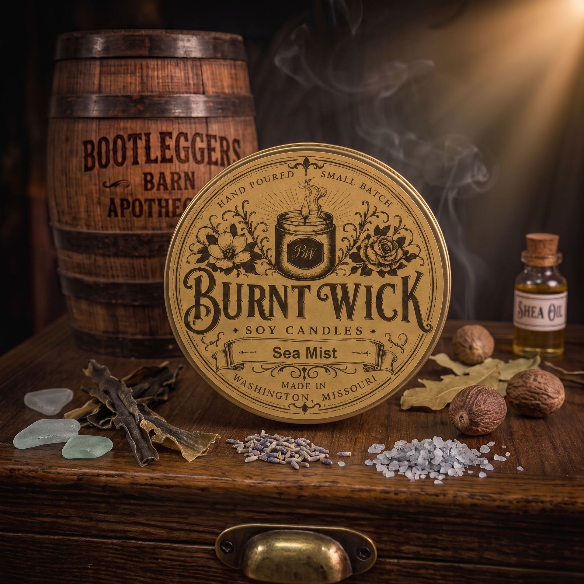 Round gold Burnt Wick soy candle tin labeled “Sea Mist” on a wooden surface.