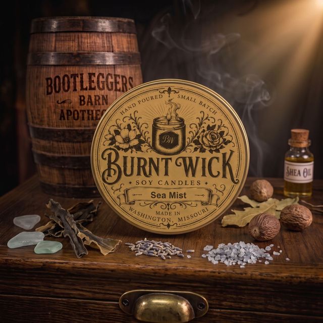 Round gold Burnt Wick soy candle tin labeled “Sea Mist” on a wooden surface.