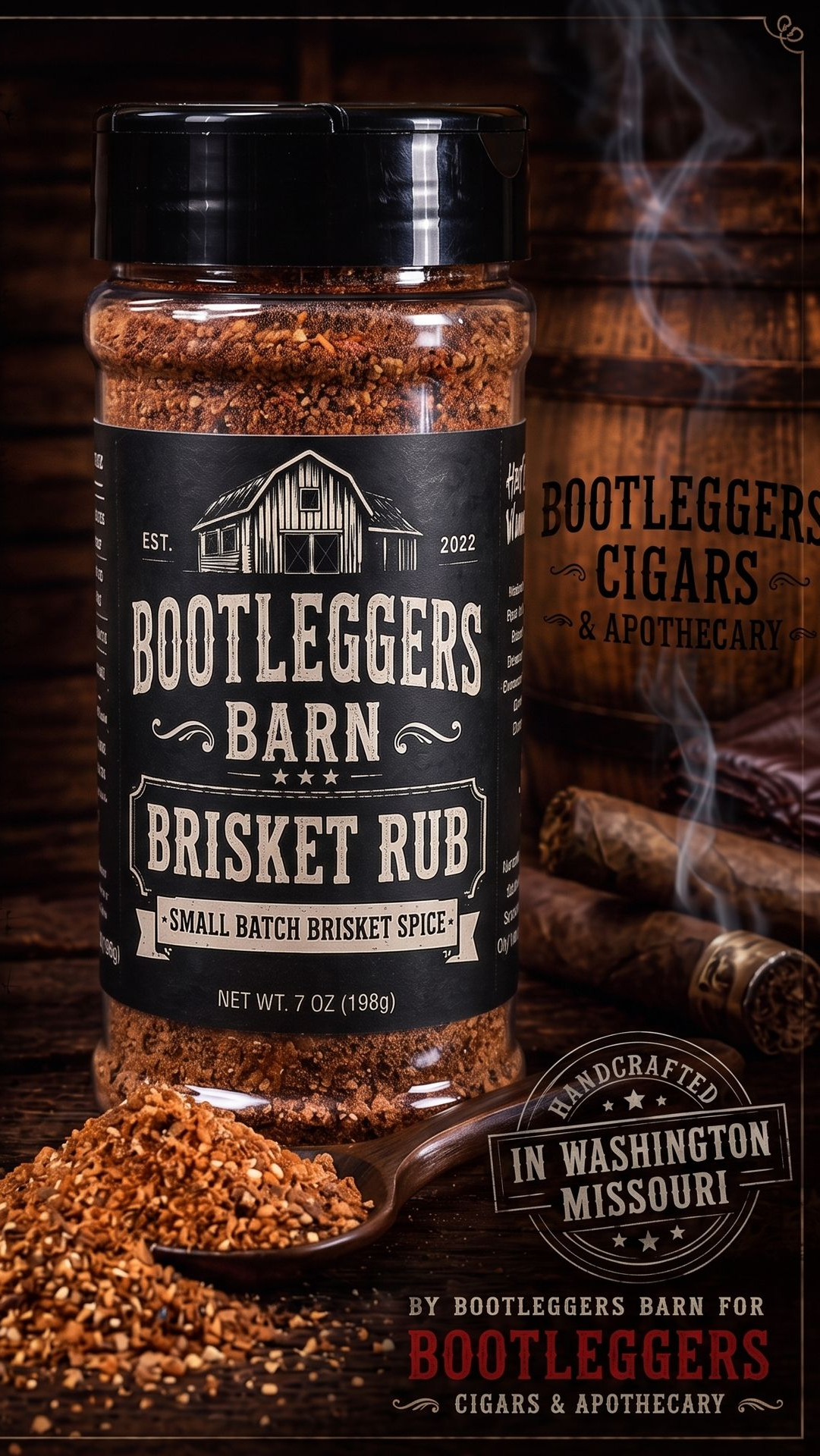 Bottle of Bootlegger's small batch Brisket Rub seasoning on a wooden post outdoors