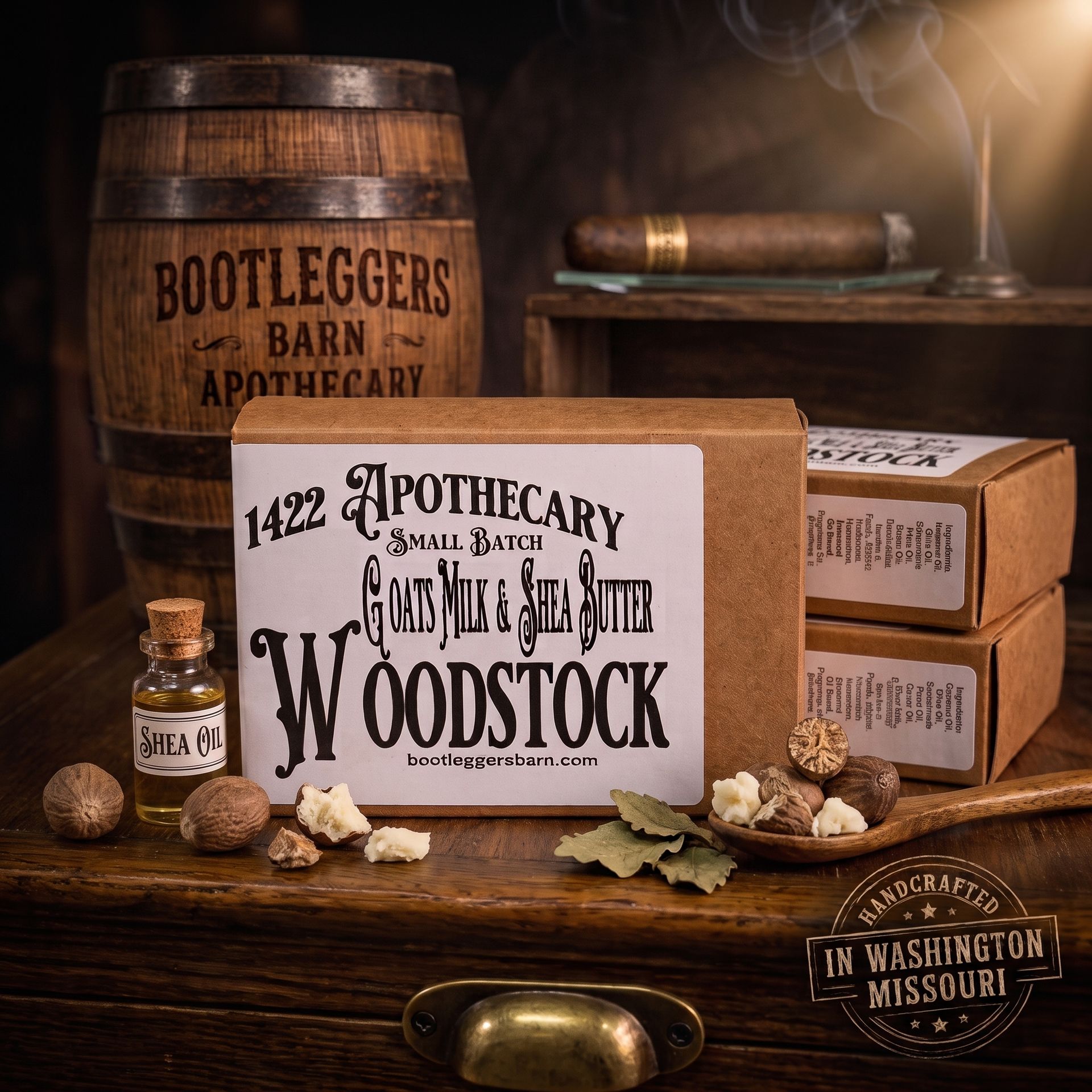 Woodstock apothecary sign on a small wooden box display, flanked by two narrow labeled boxes.