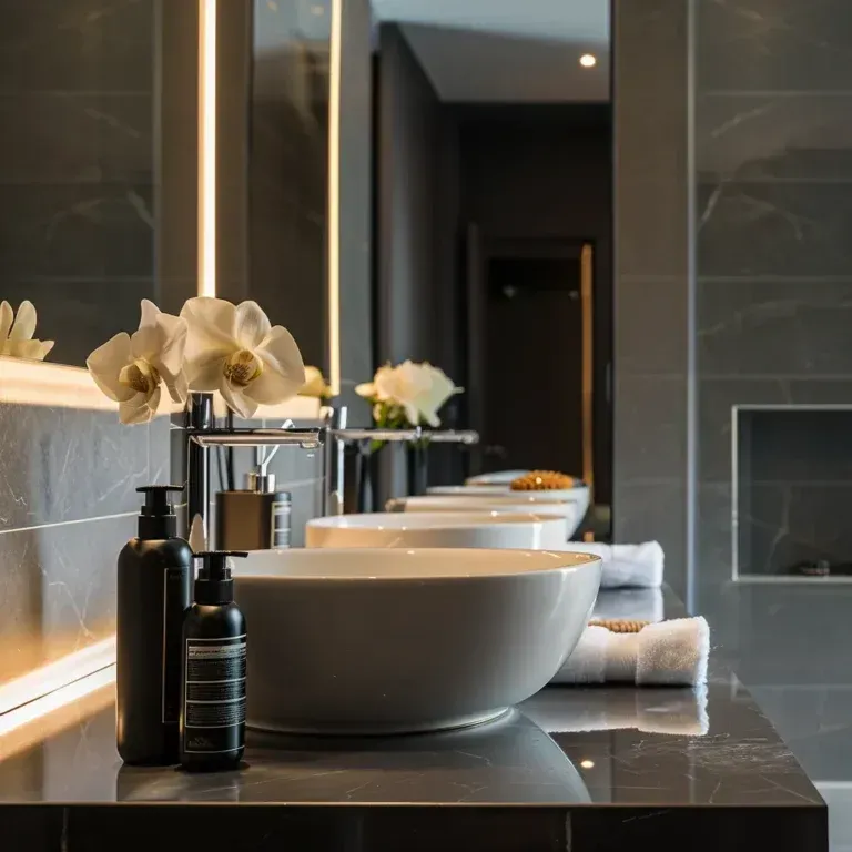 Modern bathroom vanity with white sink, chrome faucet, black toiletries, and white flowers beside a mirror