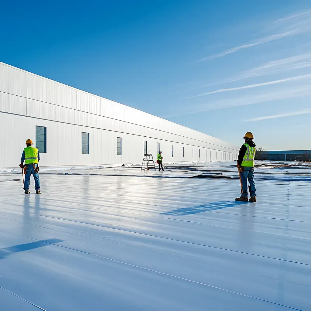 Workers in safety vests on a reflective rooftop beside a large white industrial building under a clear blue sky