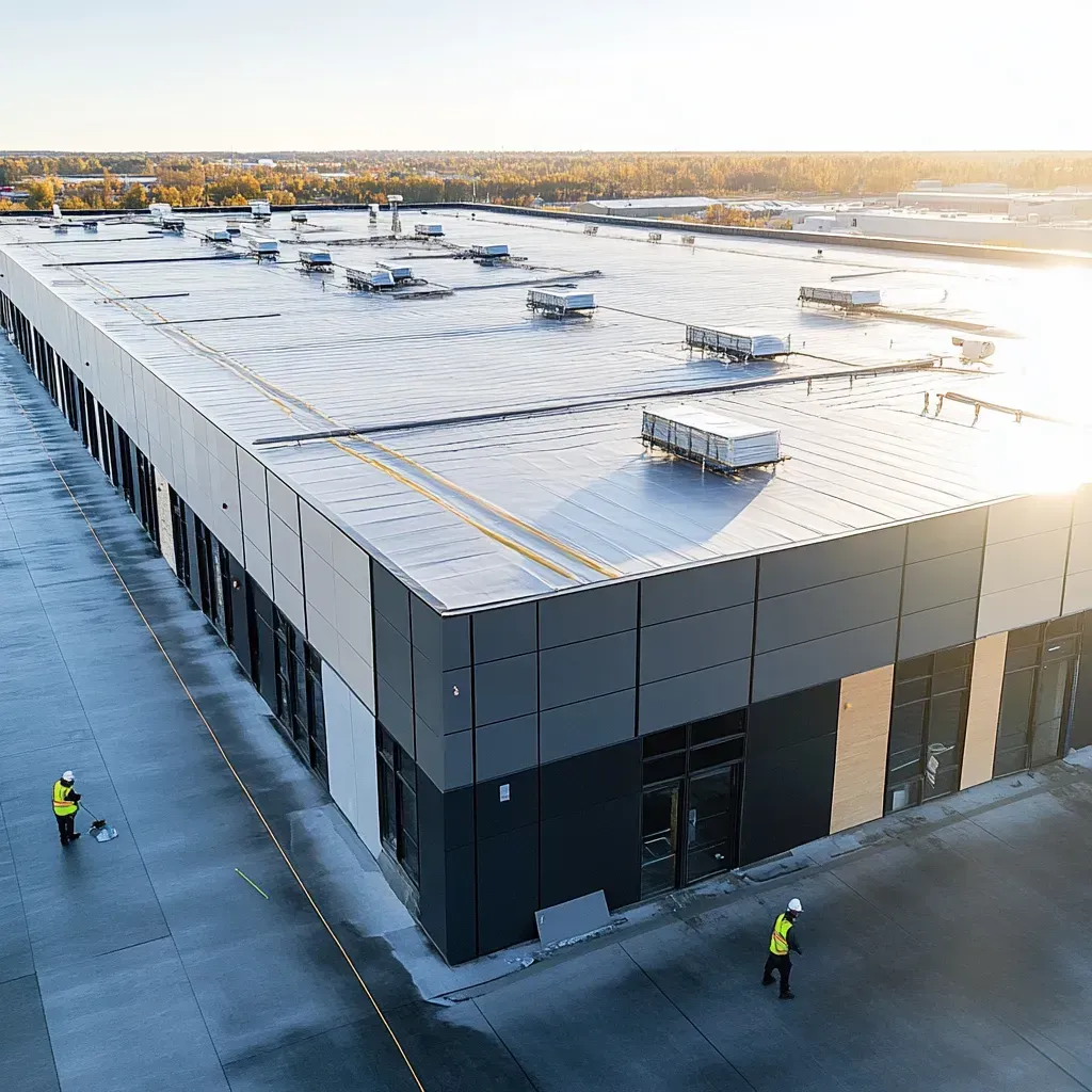 Aerial view of a large white warehouse with workers in high-visibility jackets outside.