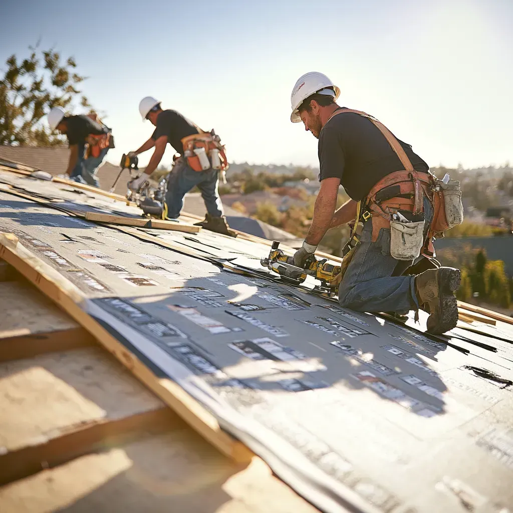 Roofing workers installing metal panels on a sloped roof in bright daylight