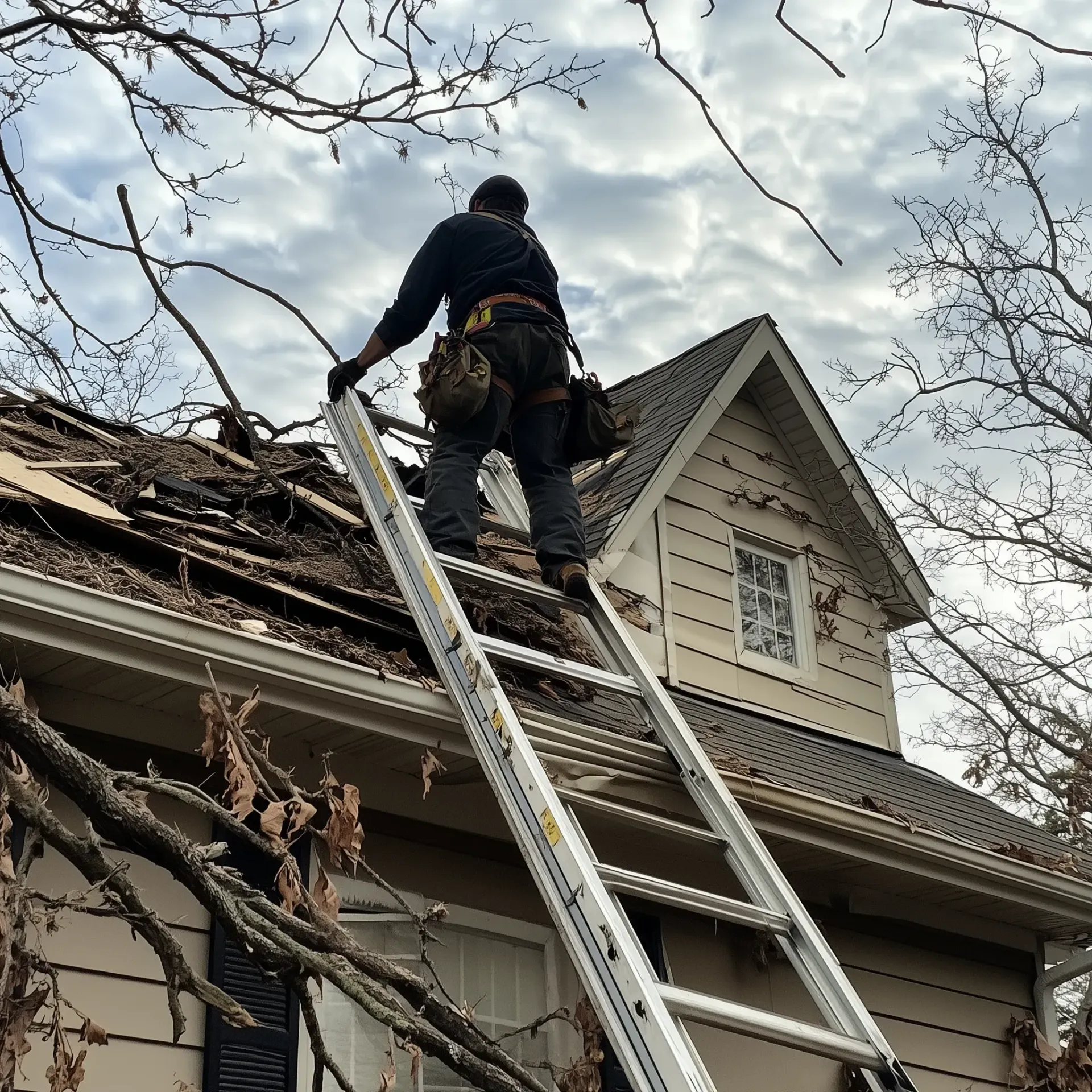 Worker on a ladder repairing a house roof under bare tree branches