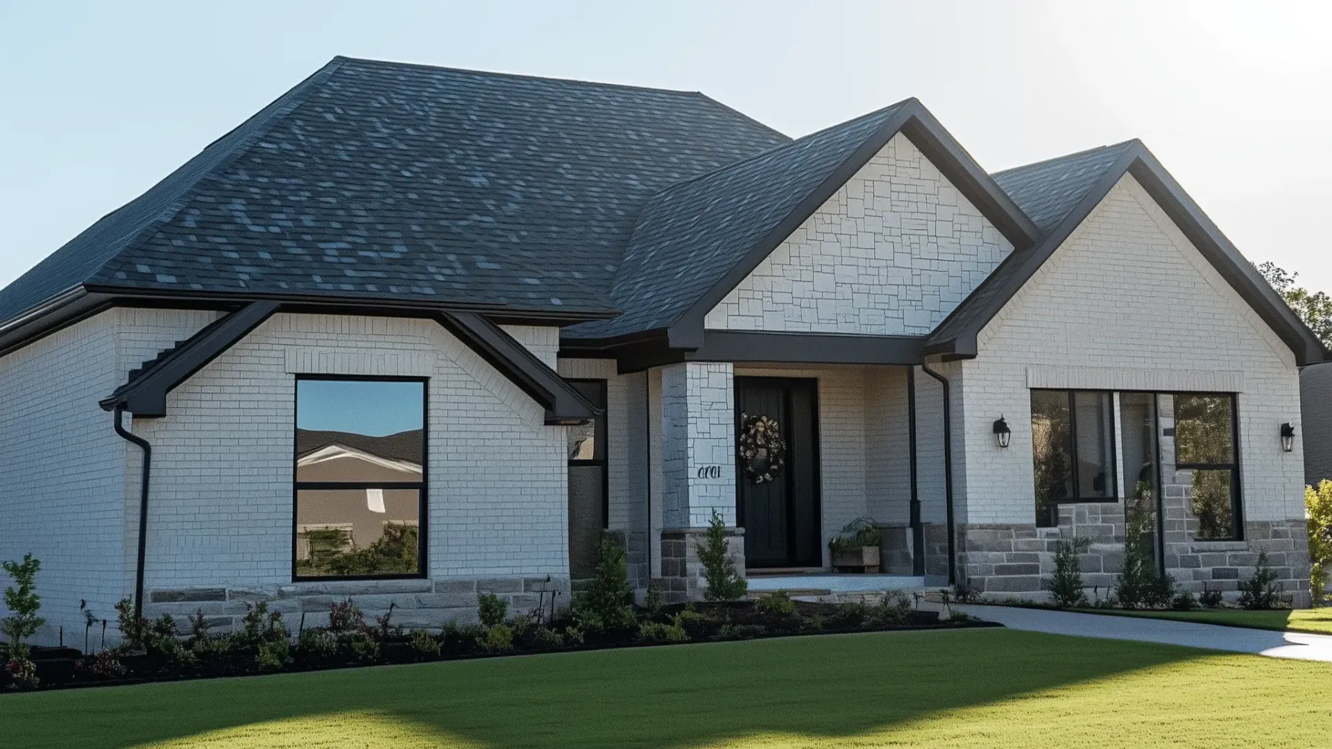 Modern white brick single-story house with dark roof and front porch, shown in daylight