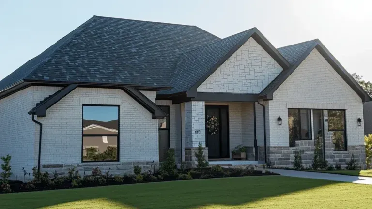 Single-story white house with dark roof, front porch, and neatly trimmed green lawn under bright daylight