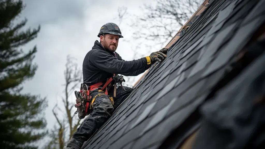 Roofer in a safety harness working on a steep shingled roof under an overcast sky