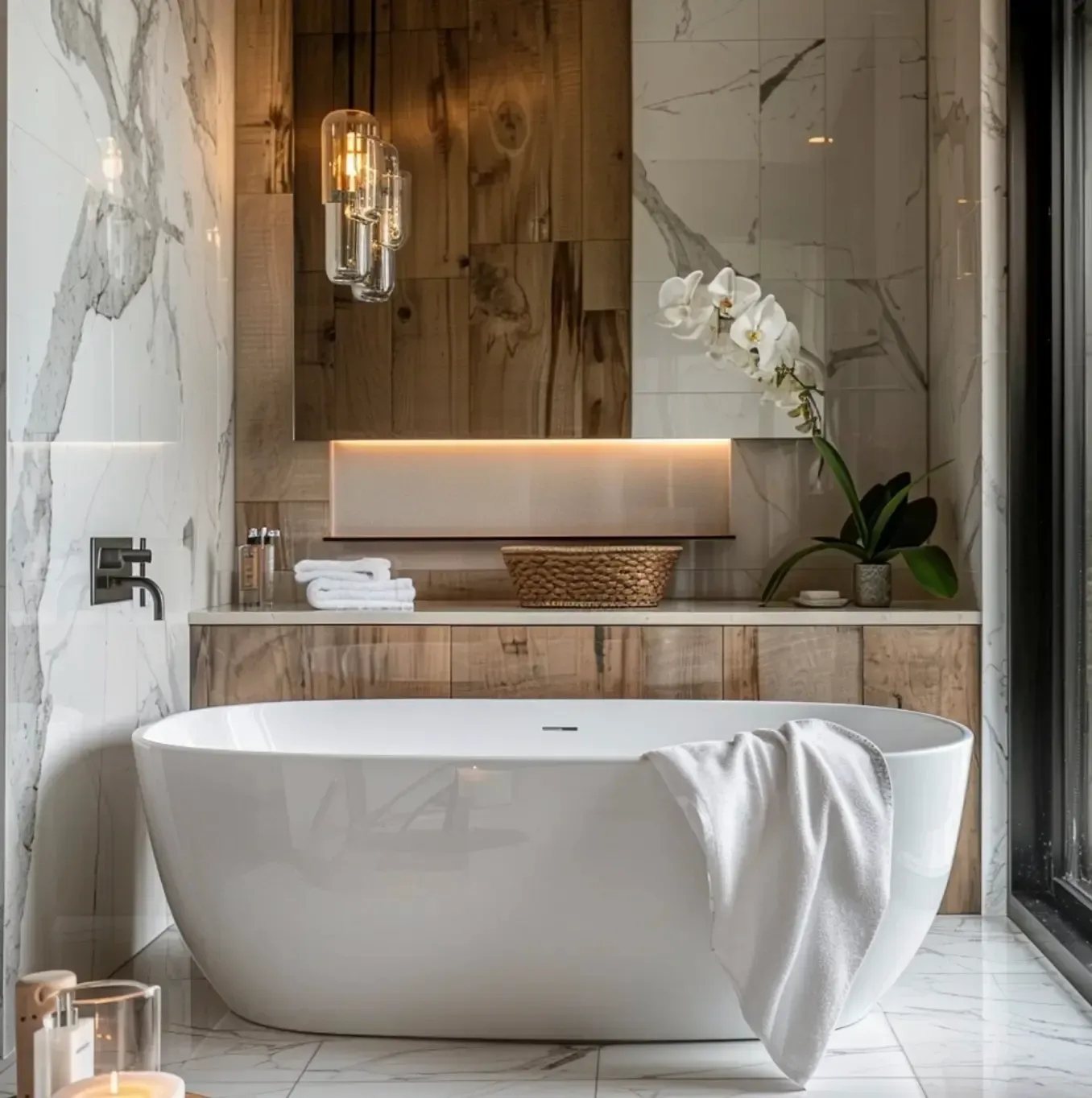 Modern spa bathroom with freestanding white tub, wood vanity, marble walls, and orchid accent