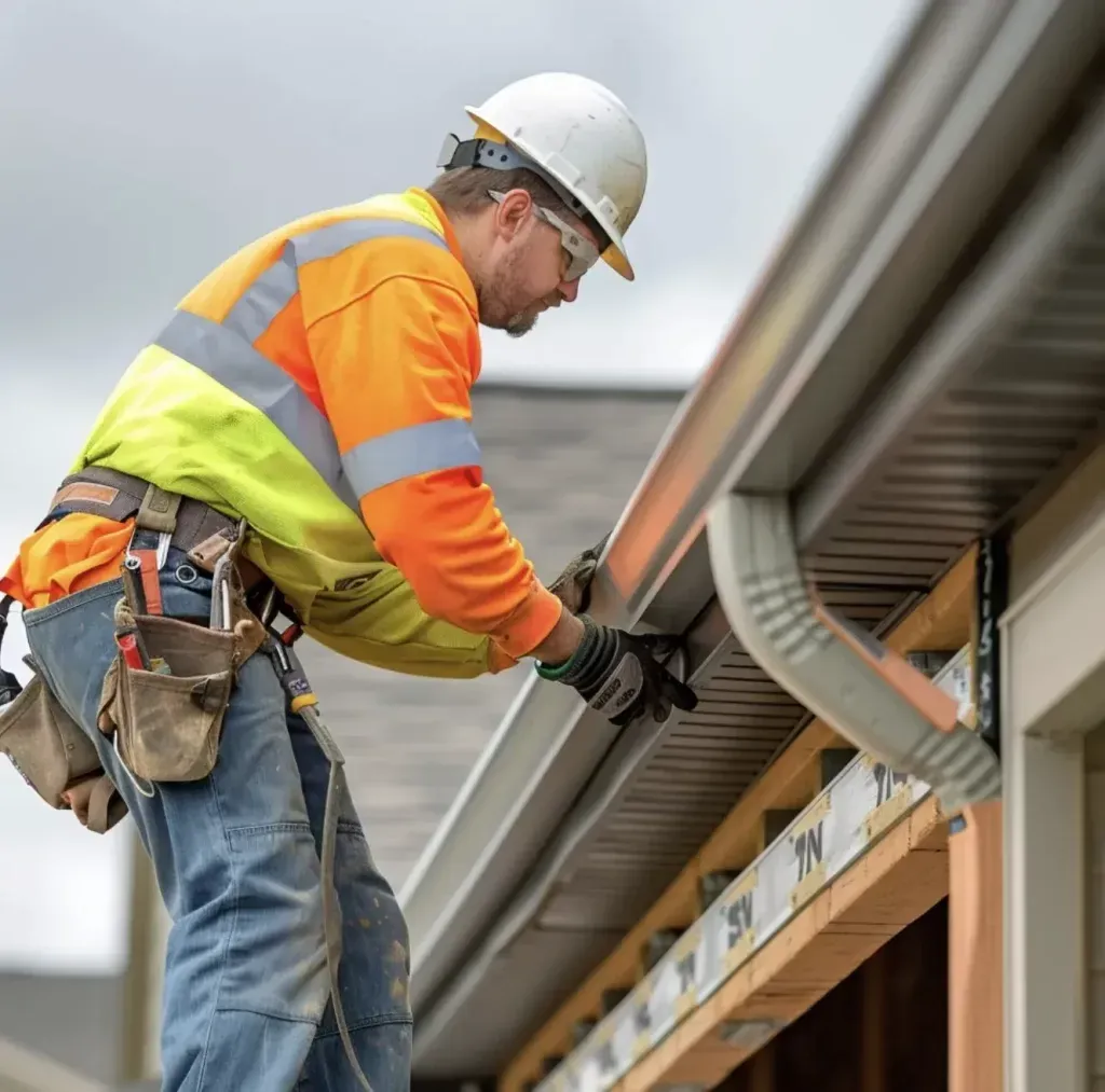 Construction worker in hard hat and safety vest inspecting a roof gutter on a house.