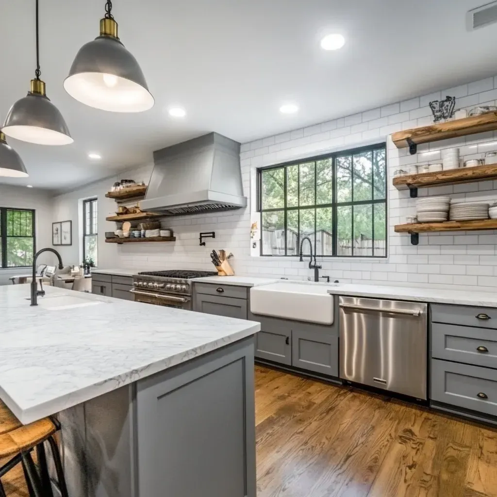Bright modern kitchen with white counters, gray cabinets, island, farmhouse sink, and wood floors.