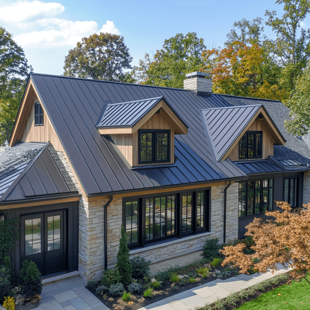 Modern house with dark metal roof, stone facade, dormer windows, and landscaped front yard