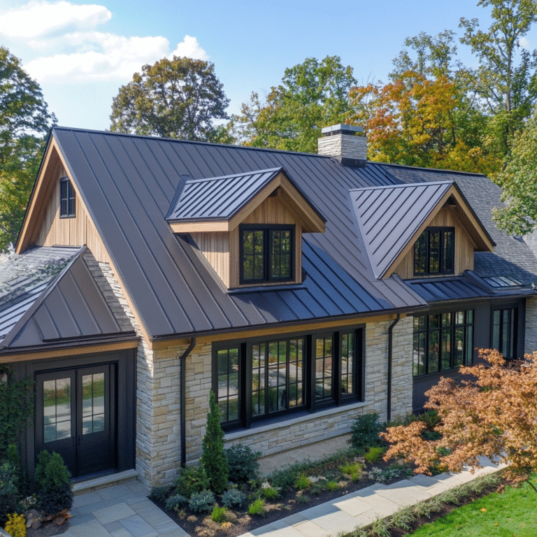 Modern house with dark metal roof, dormer windows, and stone facade surrounded by trees and landscaping
