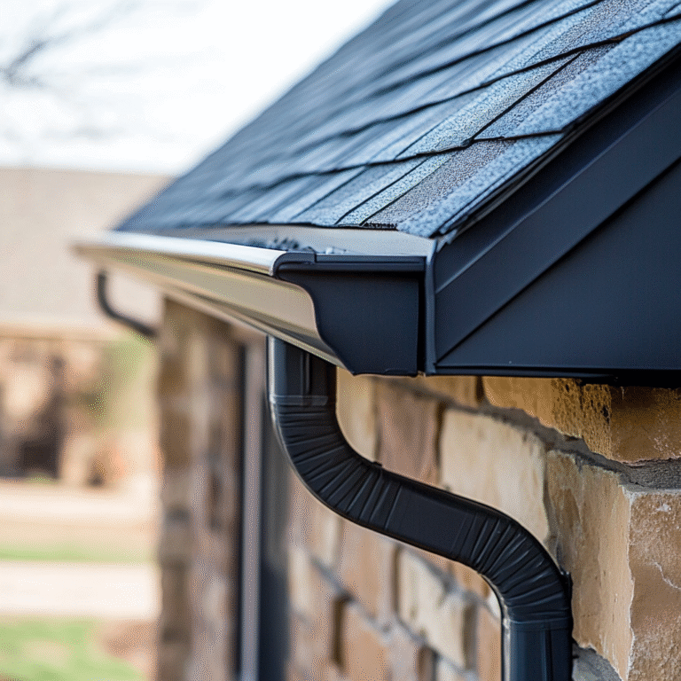 Black gutter and downspout on a dark shingled roof against a brick wall